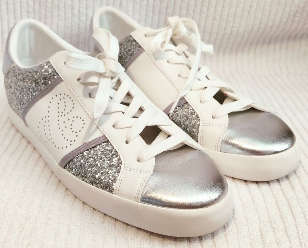 Women's Sam and Libby Sparkle Tennis Shoes, White and Silver Size 10 Pre Owned